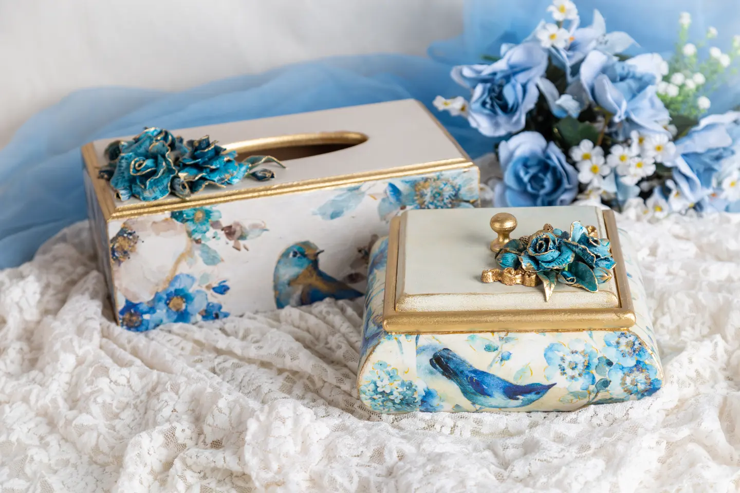 Blue bird decoupage tissue box and jewelry box set