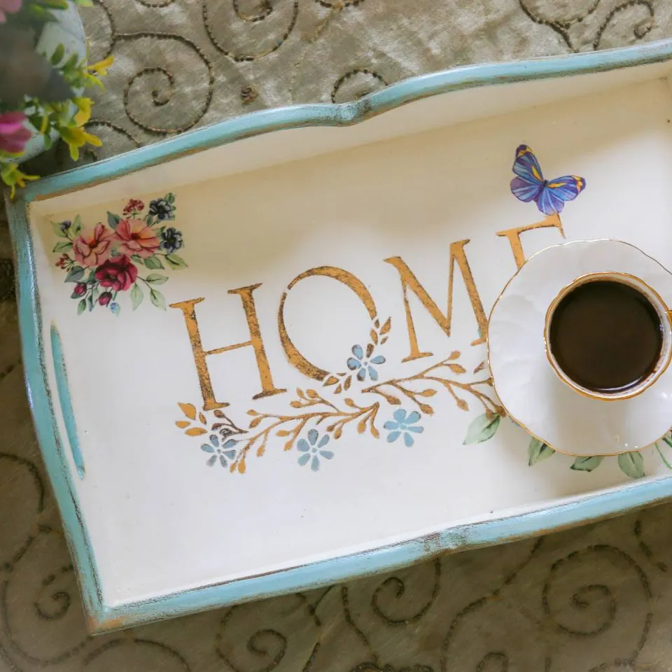 Hand-decoupaged 'Home' serving tray