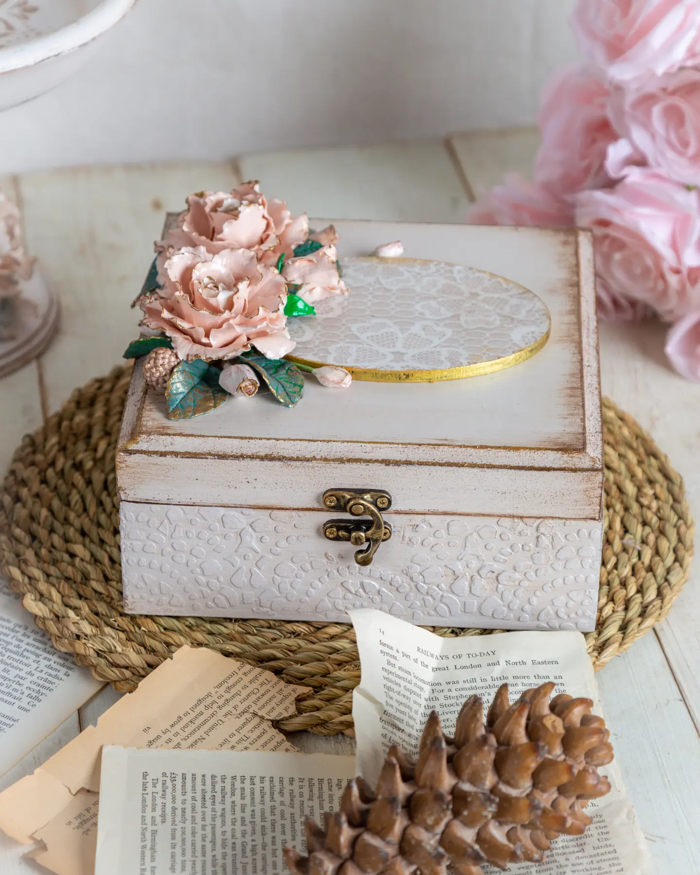 Decoupaged keepsake box with roses and lace