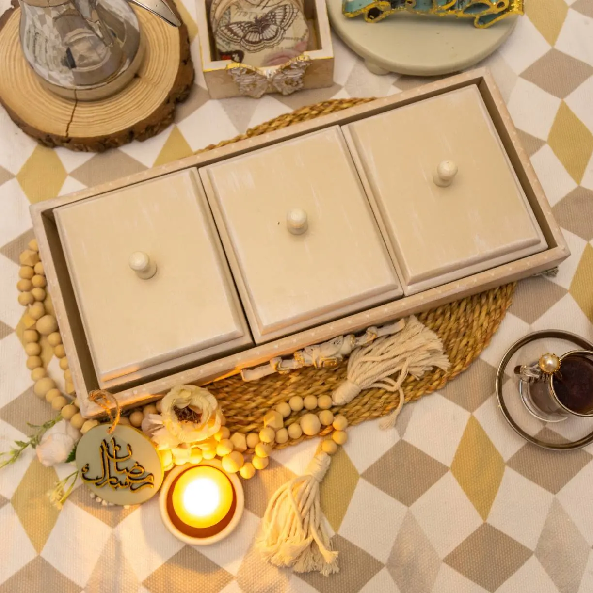 Cream three-drawer decoupage keepsake chest